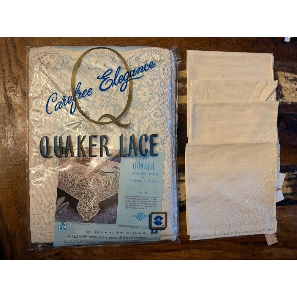 Quaker Lace Permanent Press Tablecloth Embassy Natural 60x80 Oblong W/ 4 Napkins